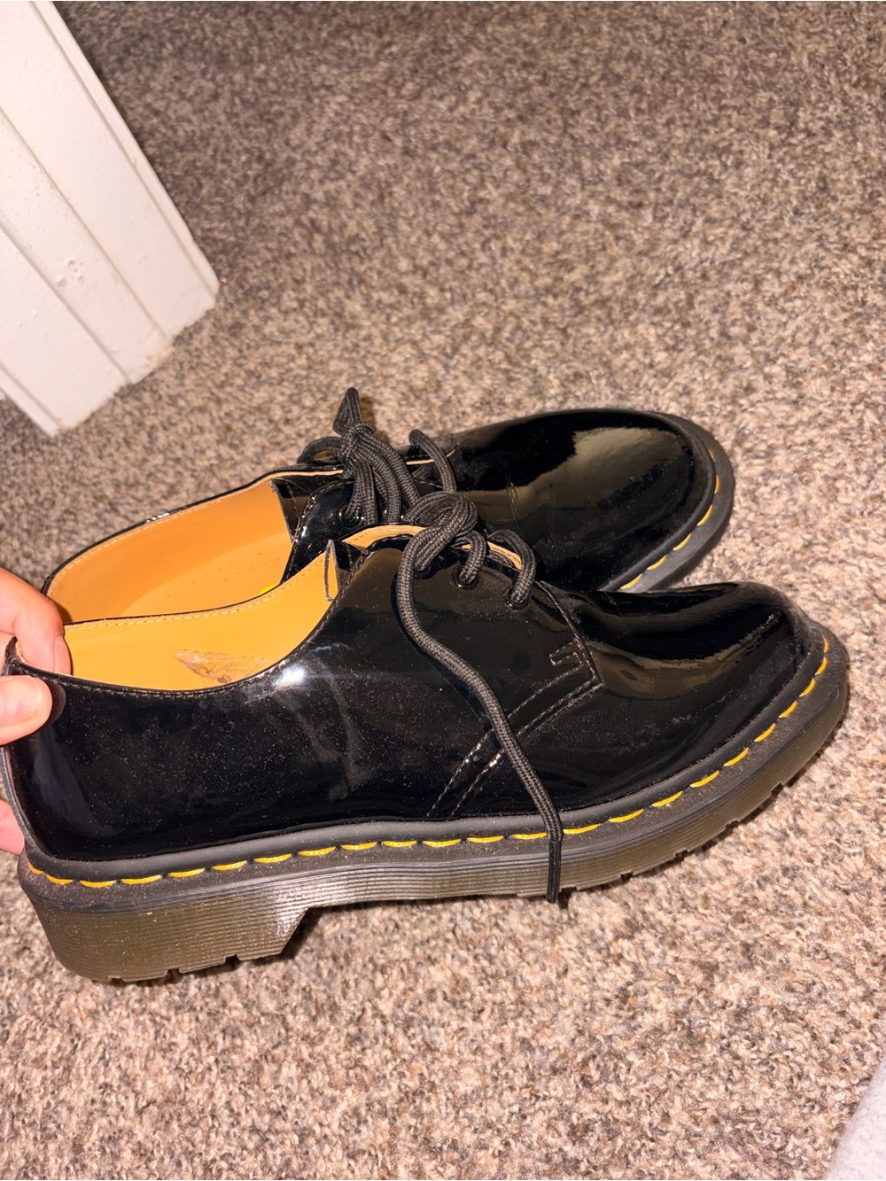 Dr. Martens Black Patent Leather 3-Eye Shoes with Yellow Stitching